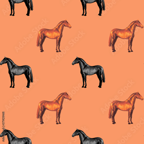 seamless background of realistic figures of horses  on a orange background for packaging  postcards  notebooks  fabrics