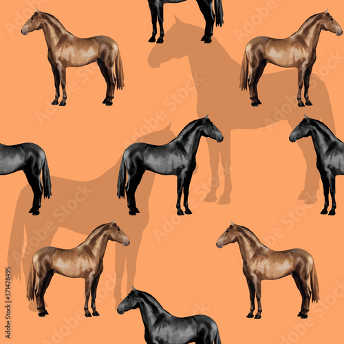 seamless background of realistic figures of horses, on a orange background for packaging, postcards, notebooks, fabrics