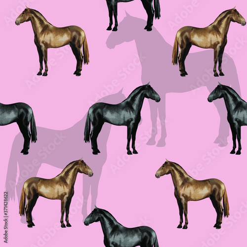 seamless background of realistic figures of horses  on a pink background for packaging  postcards  notebooks  fabrics