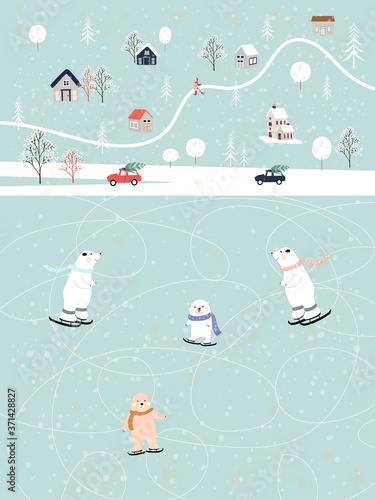 Vector Winter landscape,Cute winter wonderland at countryside with snow falling, polar bear playing ice skates in  park,Kawaii Children greeting card for Christmas holiday or can use for mobile screen