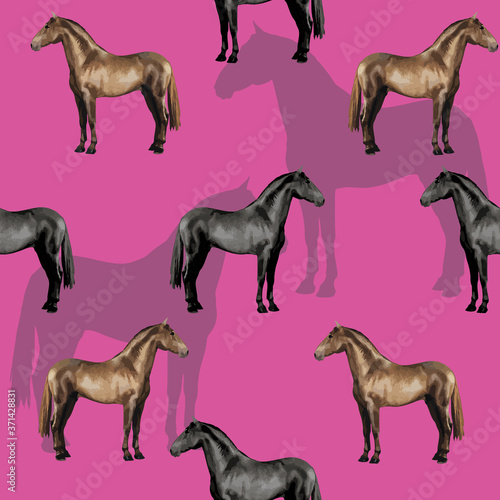 seamless background of realistic figures of horses, on a dark pink background for packaging, postcards, notebooks, fabrics