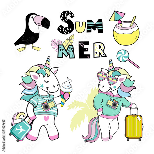 Beautiful summer collection unicorn with a suitcase on a white background, toucan and coconut. Concept vacation vector illustration