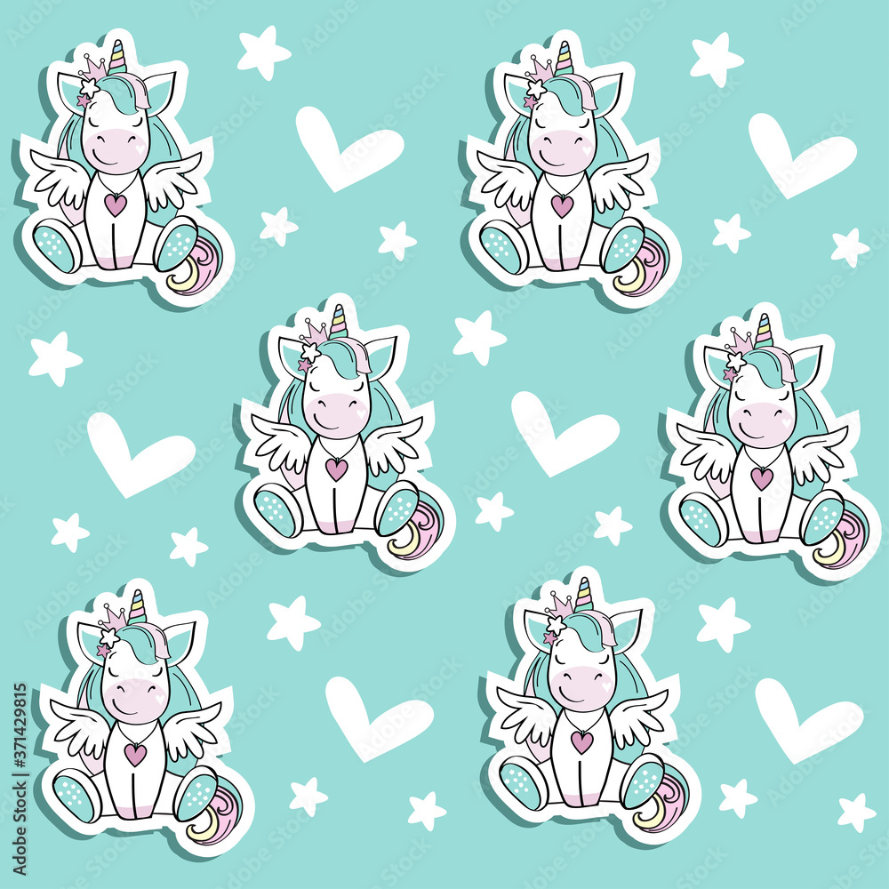 Vector illustration with cute unicorn and heart on a blue background seamless pattern Vector illustration with cute unicorn and heart on a blue background seamless pattern
