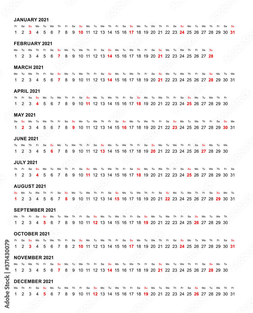 Simple horizontal calendar template year 2021 - obrazy, fototapety, plakaty 