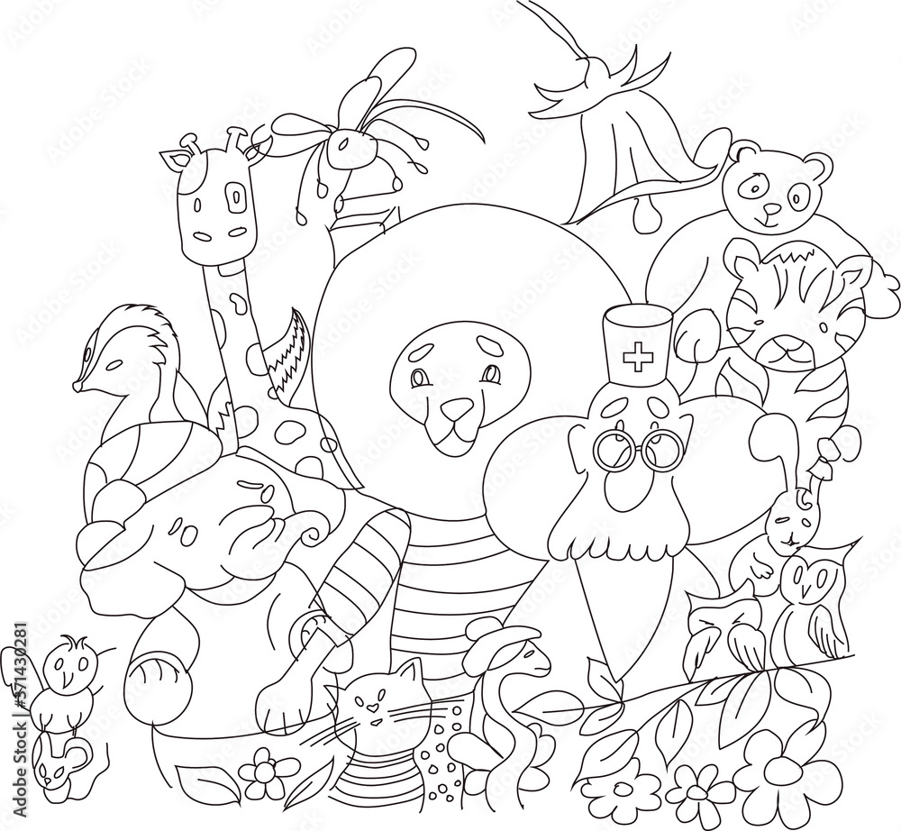 coloring page of kids with animals