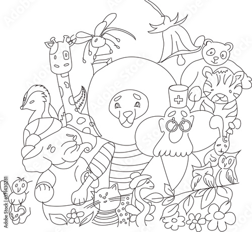 coloring page of kids with animals