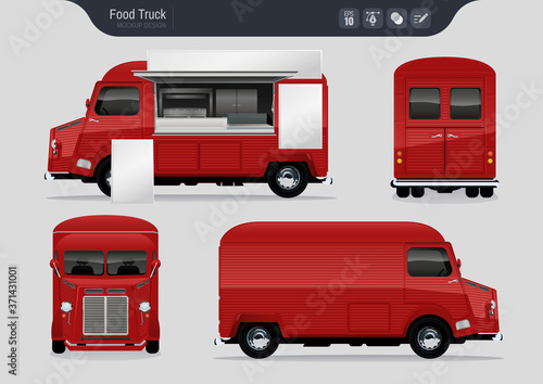 Isolated Realistic Food Truck. Fast-Food Truck Vector Template for Brand Identity. 
