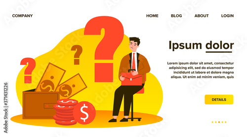 Sad man concerned about financial problem, money need and unpaid loan debts. Male character, question mark, wallet with cash. Vector illustration for finance, bankruptcy, trouble concept