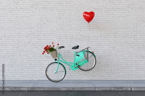 Herz Ballon hebt Fahrrad mit Tulpen an zum Valentinstag photo