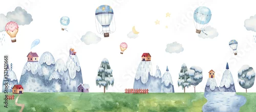 Obraz góry, domki i balony z chmurami