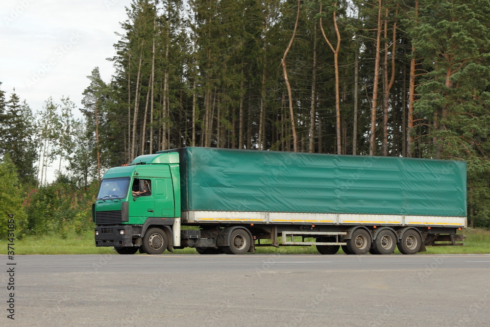 Green awning semi truck drive next to the asphalted country road on forest background on summer day, side  view, transportation Logistics, international commercial freight by road