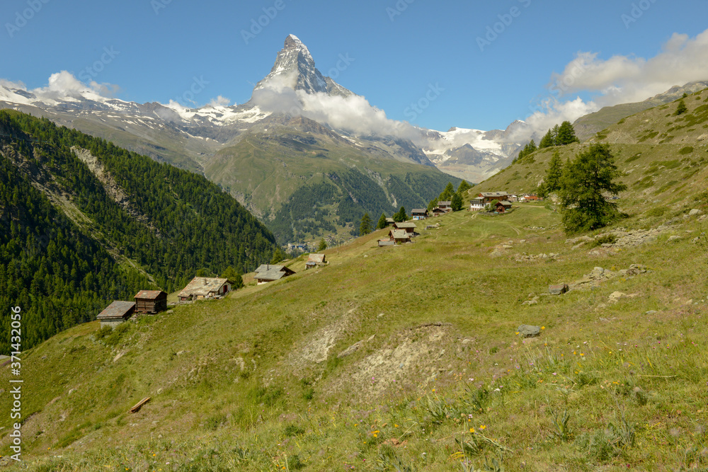 Landscape with mount Matterhorn over Zermatt in the Swiss alps Landscape with mount Matterhorn over Zermatt in the Swiss alps