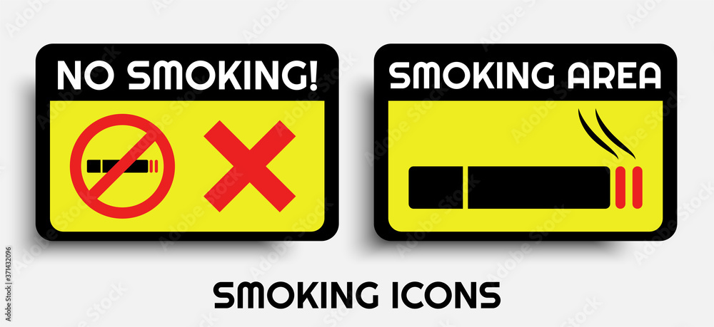 Smoking area and cigarette icon, signboard with smoking icons. Eps 10 vector