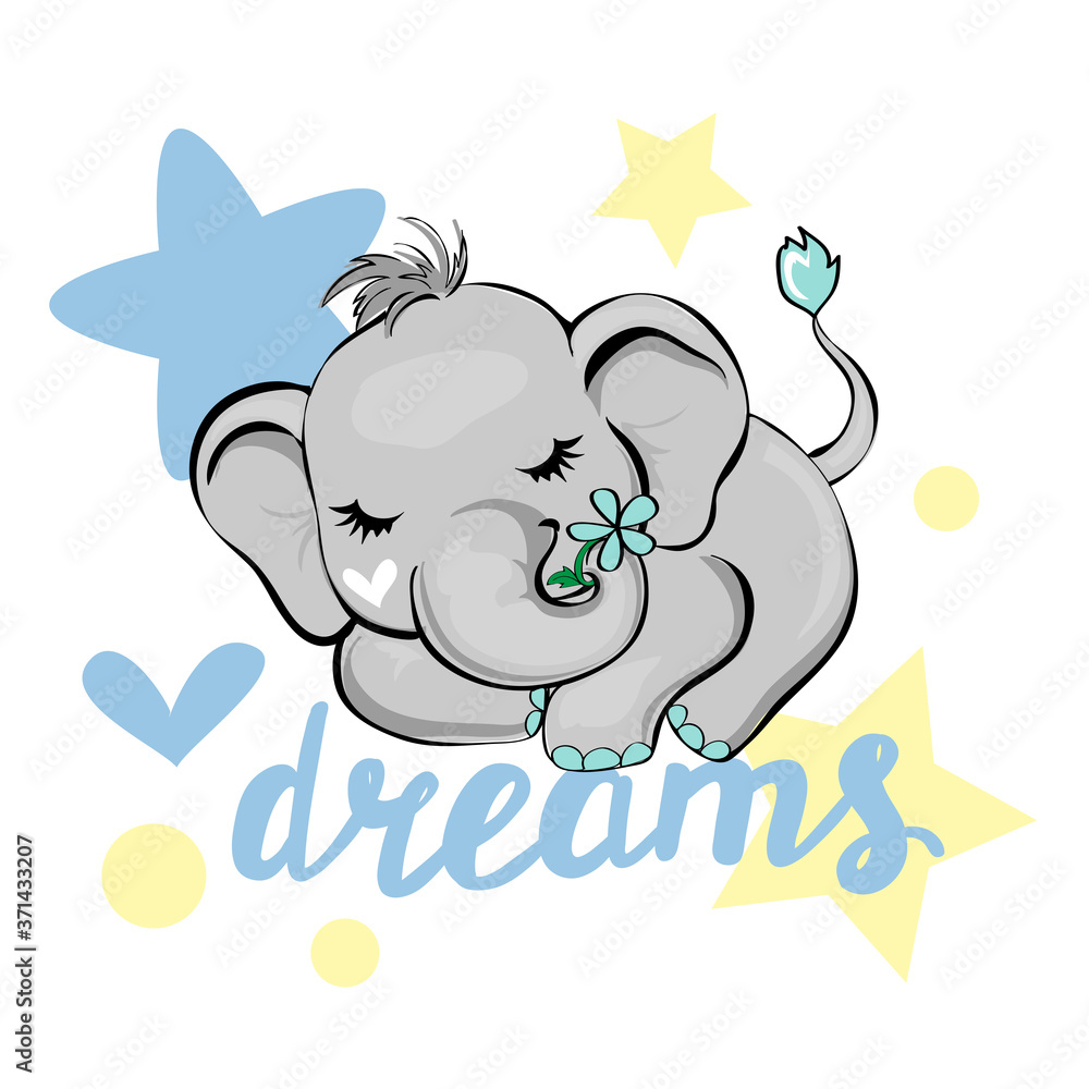 Vector illustration with a cute sleeping elephant isolated and dreams inscription on a white background. Funny animals for kids Vector illustration with a cute sleeping elephant isolated and dreams inscription on a white background. Funny animals for kids