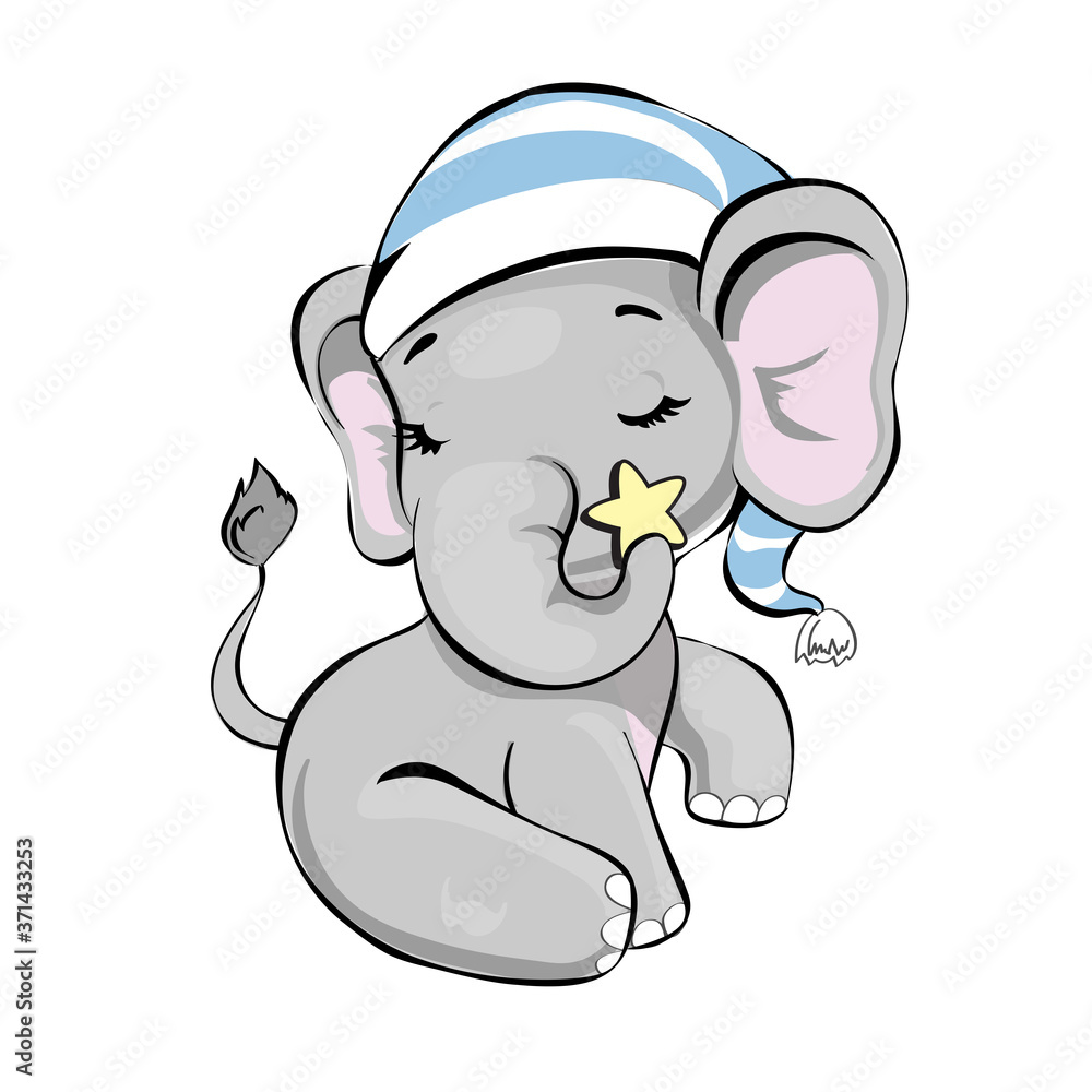 Vector illustration with cute elephant in a blue hat for sleeping on a white background for children. Newborn concept