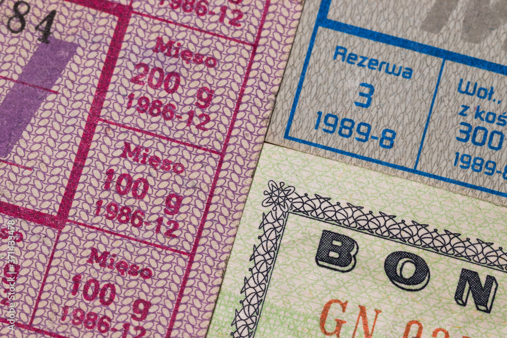 Obraz premium Food stamps and a voucher from the period of the Polish People's Republic