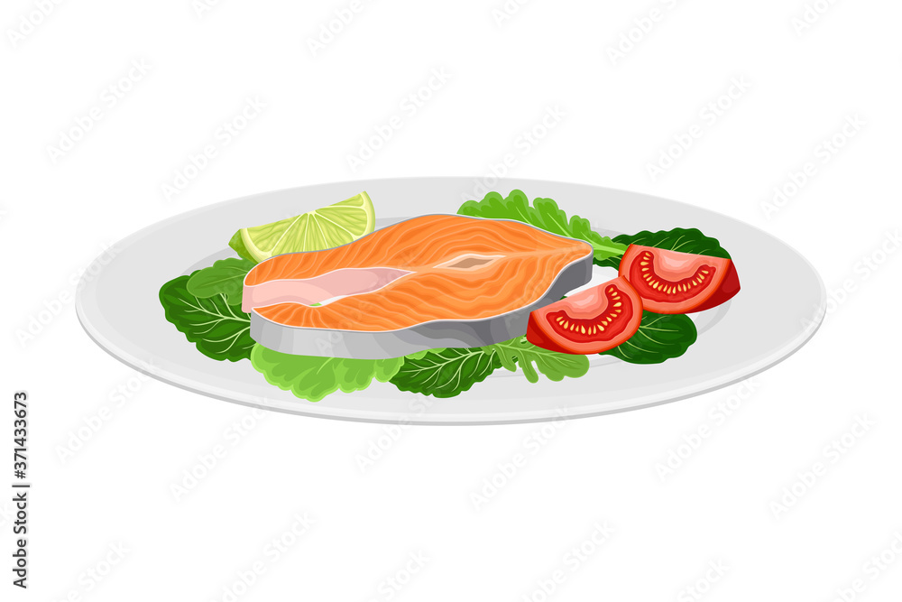 Salmon Steak with Leafy Vegetables as Seafood Dish Vector Illustration