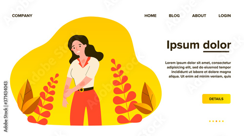 Sad woman scratching skin. Female character suffering from strong eczema or allergy. Vector illustration for disease, dermatology, sickness, symptoms concept