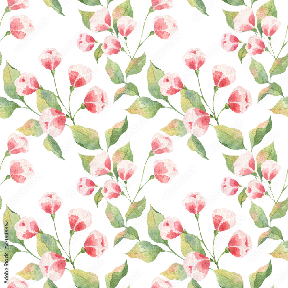 Seamless watercolor pattern with green leaves and pink buds on a white background. Delicate colors, Apple twigs and buds. Print for fabrics, curtains, wedding decoration, clothing.