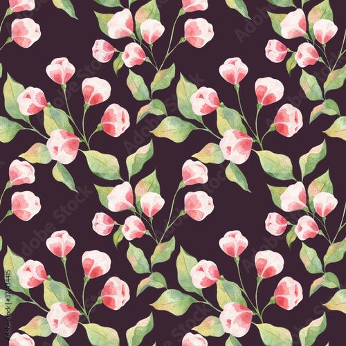 Seamless watercolor pattern with green leaves and pink buds on a dark background. Delicate colors  Apple twigs and buds. Print for fabrics  curtains  wedding decoration  clothing.
