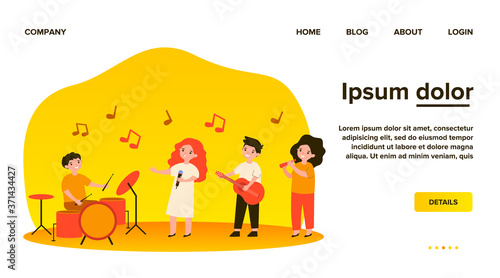 School musician band. Cute children with musical instruments playing and singer playing at party or festival. Vector illustration for talent show, kids orchestra, teenagers, concert concept