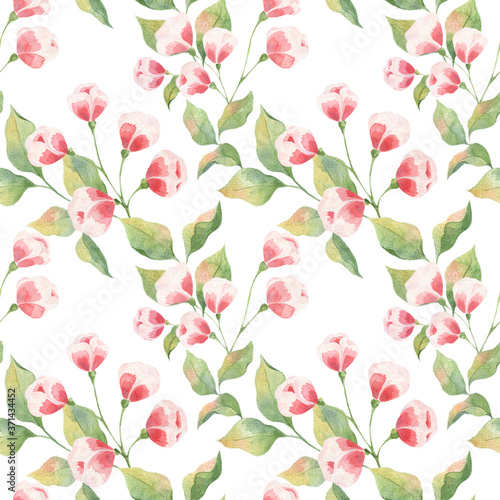 Seamless watercolor pattern with green leaves and pink buds on a white background. Delicate colors, Apple twigs and buds. Print for fabrics, curtains, wedding decoration, clothing.