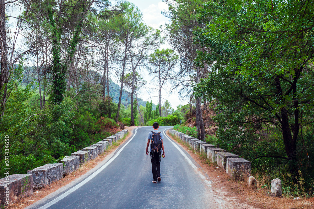 Fototapeta premium Young adventurer on his back with backpack walking while traveling on nature tourism on a road in the middle of the forest in the Cazorla Natural Park, in Spain. Selective focus.