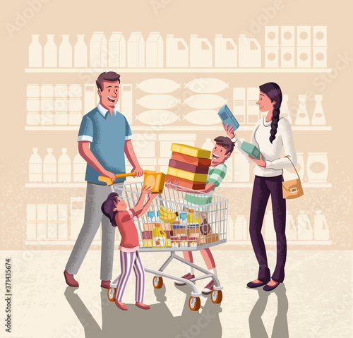 Happy cartoon family shopping. People with shopping cart choosing products in supermarket.