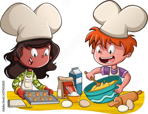 Cartoon chefs cooking. Kids baking cookies in the kitchen.
