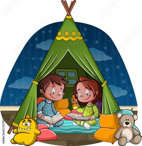 Cartoon children reading books inside a tent. Kid reading bedtime stories with flashlight.
