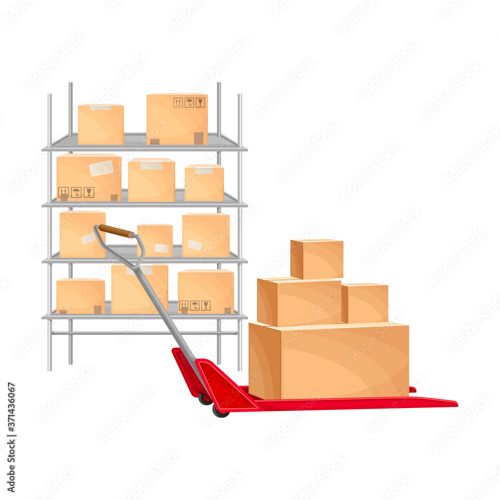 Cardboard Boxes Rested on Hand Cart and Shelf in Warehouse Vector Illustration
