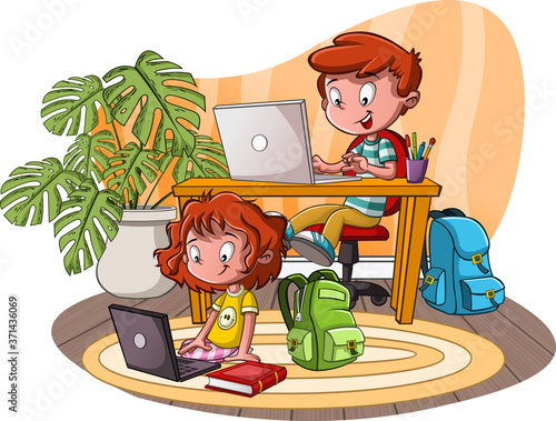 Cute cartoon children studying with computers. Teenager students.

