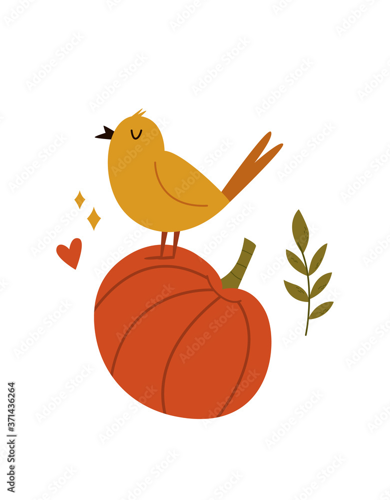 Fototapeta premium Cute bird singing on a pumpkin, Autumn vibes, vector illustration,