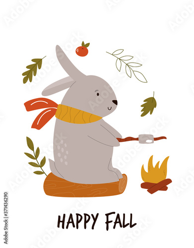 Funny rabbit with marshmallow sitting on a log. Autumn vector illustration