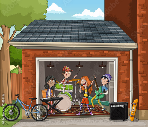Cartoon teenagers playing on a rock'n'roll band inside a garage