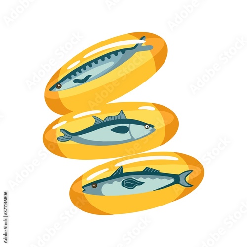 Vector illustration of fish oil. Omega 3 vitamins. Dietary supplements. Polyunsaturated fatty acids.
