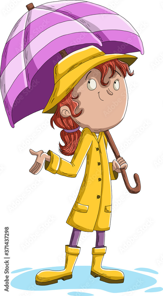 Cartoon girl with umbrela. Cartoon teenager girl wearing raincoat ...
