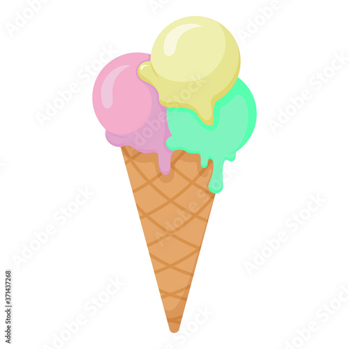 Tasty colorful ice cream cone on white background. Melting yellow, mint and pink ice cream balls in cartoon style. Vector illustration
