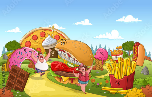 Couple of cartoon fat people running on a park with junk food. Obese people between in a road with junk food.