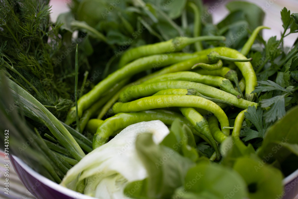 Obraz premium green onion, pepper, parsley, lettuce
