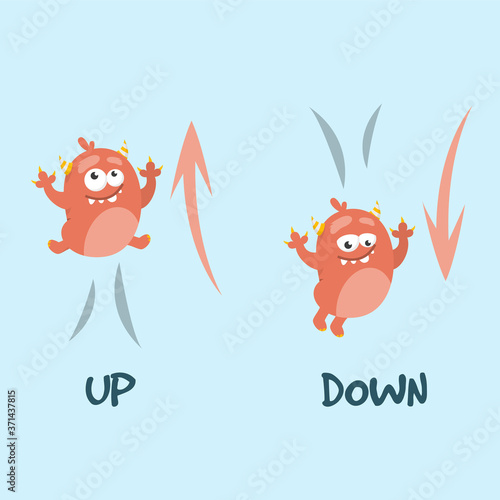 Learning preposition up and down vector isolated. Chilidish drawing with alien. English words learning with cute character.