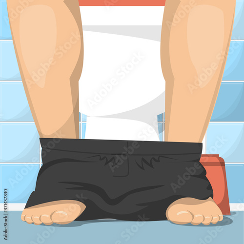Man sitting on toilet vector illustration. Male legs and black panties. Male character, toilet interior.