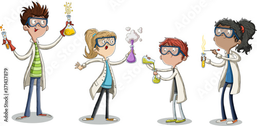 Cartoon students doing research with chemical fluid in the laboratory. 