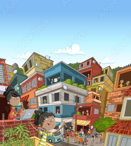 Street of poor neighborhood with cartoon happy people. Slum. Favela.
