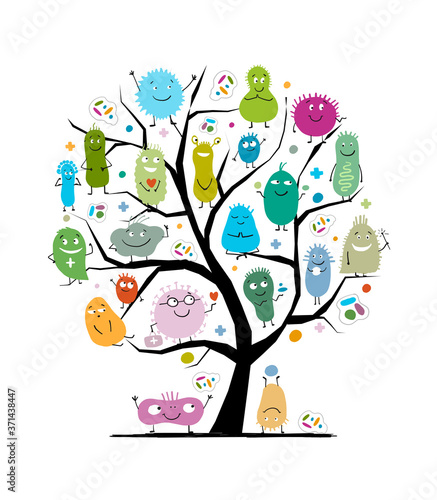 Concept of family tree for funny and scary bacteria characters. Vector logo of gut and intestinal flora, germs, virus.