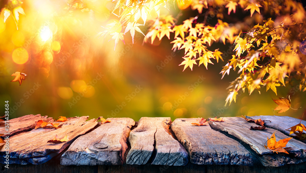 Wooden Table With Red And Yellow Leaves At Sunset - Autumn Background
 - obrazy, fototapety, plakaty 