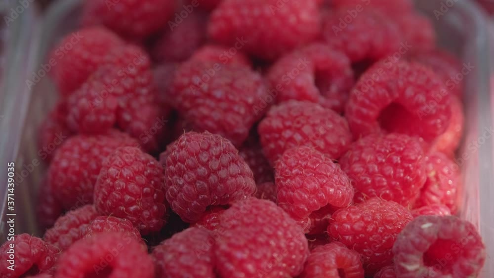 Raspberry in a plastic box. Overhead view of fresh raspberries in trays. Fresh delicious red raspberries in boxes. Ripe Raspberries. The Concept Of Healthy Food. Raspberry in a plastic box. Overhead view of fresh raspberries in trays. Fresh delicious red raspberries in boxes. Ripe Raspberries. The Concept Of Healthy Food.