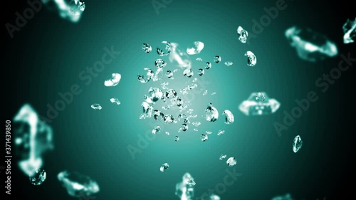 Flying many jewelry diamonds on emerald green background. Shine transparent, Precious gem. 3D animation of brilliant diamond rotating. Loop animation.