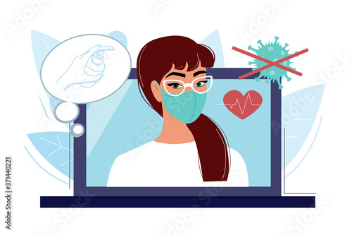 Doctor girl in a protective medical mask says wash hands from the virus. Online doctor. Pandemic protection