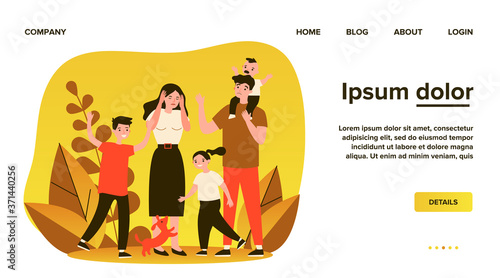 Tired young parents and mischievous happy children flat vector illustration. Exhausted mother and father surrounded by kids. Large family and parenting concept